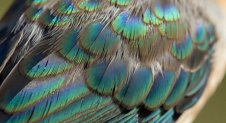 close up of a beautiful bird's wing with bright green and blue feathers