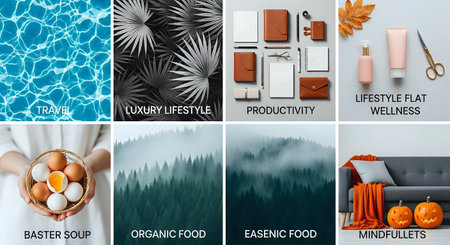 Collage of different beauty products in women's hands on the background of natureの写真素材