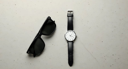 Men's watch with black glasses on a gray background. Flat lay.の写真素材