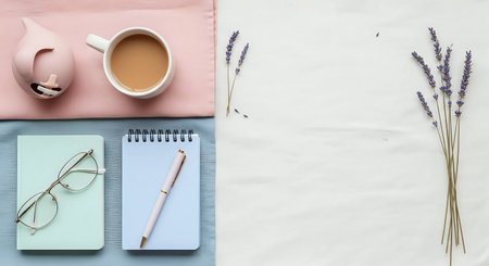 Coffee cup, notebook and lavender flowers on white backgroundの写真素材