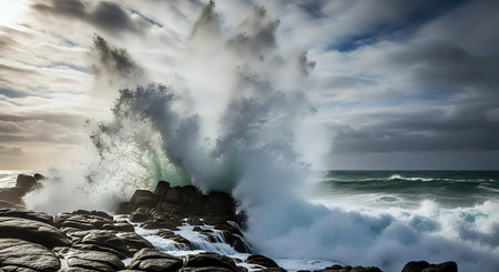 Stormy waves crashing against rocks on the coast of Cornwall England UKの写真素材