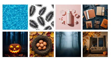 Set of halloween backgrounds with pumpkins, autumn leaves and other items.の写真素材