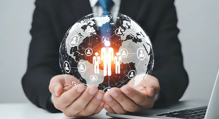 Businessman holding global network with social media icons. 3D rendering