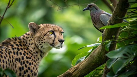 Cheetah and pigeon sitting on a tree.の写真素材