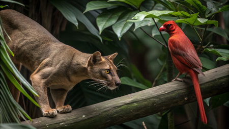 Puma and red cardinal on a branch in a tropical forest.