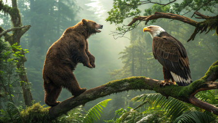Bald Eagle and Bear in the Rainforest, California, USA