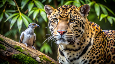 Leopard and pigeon on a branch in the jungle