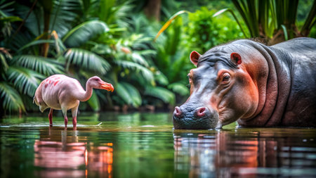 Hippo in the water with a pink flamingo in the background