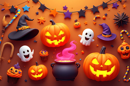 Halloween background with pumpkins and candies. Vector illustration.の素材
