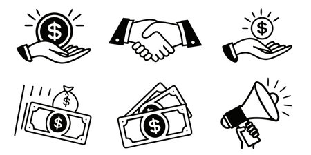 Handshake and money icon set. Black and white vector illustration.の素材