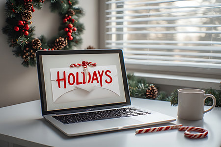 Laptop with christmas greetings on screen. christmas conceptの素材