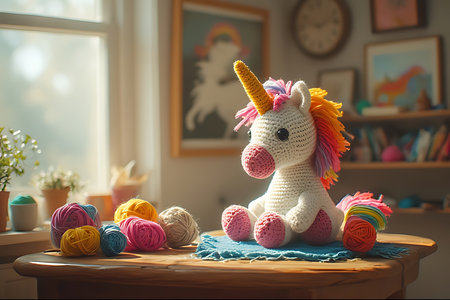 Handmade knitted unicorn toy with balls of yarn on wooden tableの素材