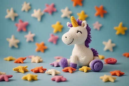 Unicorn toy on blue background with stars and confetti.の素材