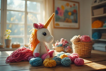 Unicorn doll with colorful yarn balls on wooden table at homeの素材