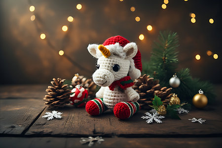 Cute christmas deer toy on wooden background with bokeh lightsの素材