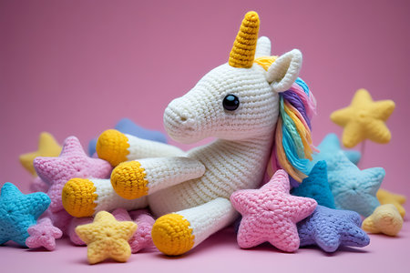 Unicorn and stars on pink background. Cute unicorn doll.の素材
