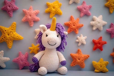 Unicorn doll and starfish on the wall. Children's toys.の素材