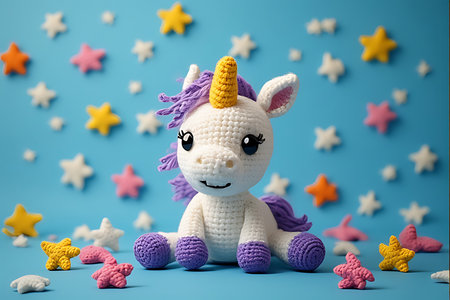 Unicorn toy on blue background with stars and confetti.の素材