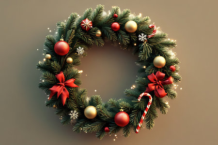 Christmas wreath with red and golden baubles. 3d illustrationの素材