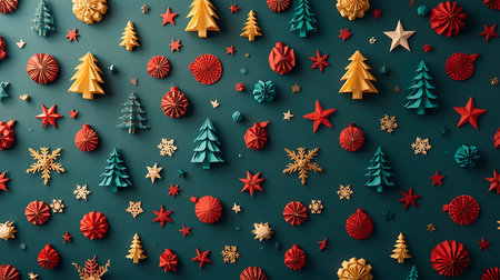 Christmas background with christmas tree and snowflakes on green backgroundの素材