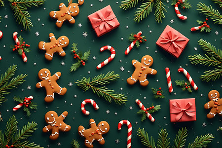 Christmas background with gingerbread cookies, candy canes and fir branches on green backgroundの素材
