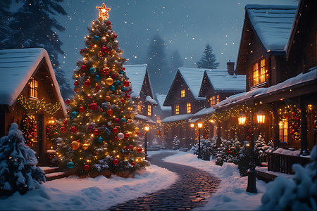 Christmas tree in the village at night. Christmas and New Year concept.の素材