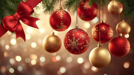 Christmas background with red and golden baubles on bokeh backgroundの素材