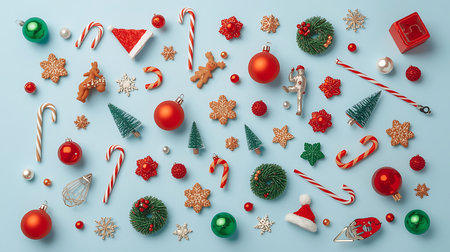 Christmas composition. Christmas decorations on blue background. Flat lay, top view, copy spaceの素材