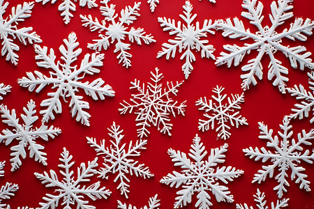 Christmas background with white snowflakes on red background. Top view.の素材