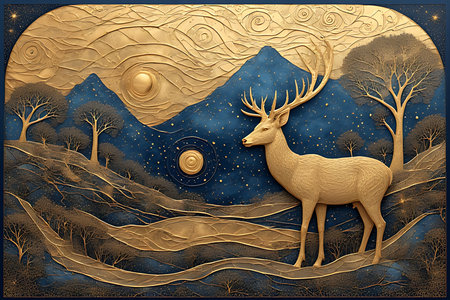Illustration of a deer on a background of the night forest.の素材