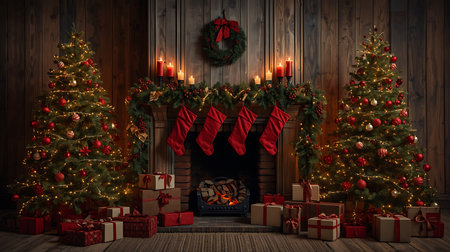 Christmas tree with gifts and fireplace in the old wooden room. 3d renderingの素材