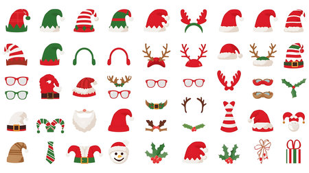 Set of Christmas icons. Santa hat, glasses, christmas tree, snowman, deer, Santa Claus and other elements.の素材