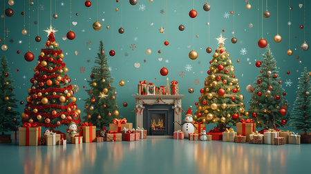 Christmas tree with presents and fireplace in the living room. 3D renderingの素材