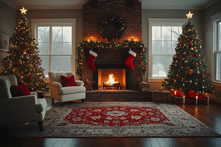 Christmas living room interior with fireplace and Christmas tree. 3d renderの素材