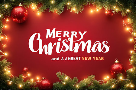 Merry Christmas and Happy New Year. Greeting card on red background.の素材