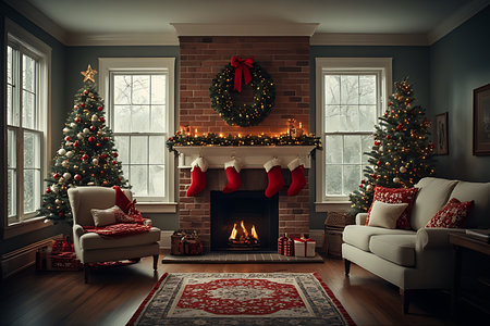 Christmas living room interior with fireplace and Christmas tree. 3d renderの素材