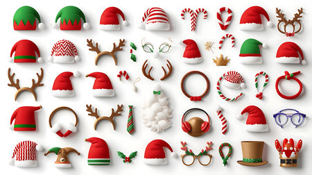 Christmas icons set. Santa Claus hat, reindeer antlers, christmas tree, candy canes, deer horns, snowflakes.の素材