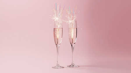 Two champagne glasses with sparklers on pink background. New Year and Christmas conceptの素材