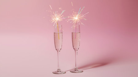 Two champagne glasses with sparklers and bokeh on pink backgroundの素材