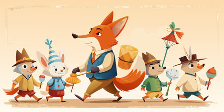 Vector illustration of happy cartoon kids playing with foxes. Vector illustration.の素材