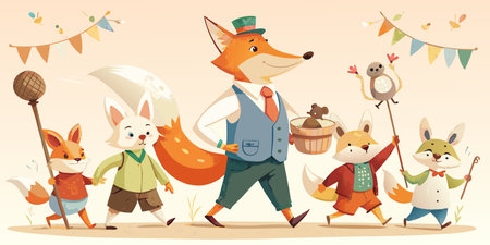 Cartoon illustration of little foxes and forest animals. Cute cartoon animals.の素材