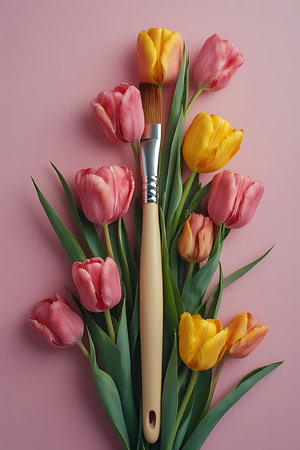 Bouquet of tulips and a paintbrush on a pink backgroundの素材