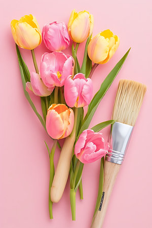 Bouquet of tulips and paintbrushes on pink backgroundの素材
