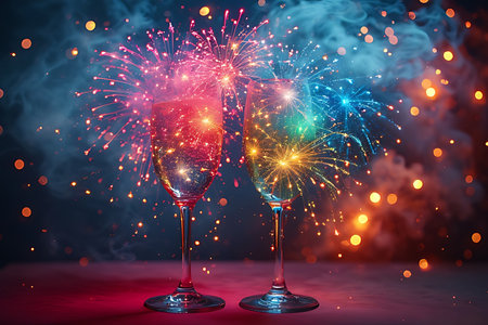 Two glasses of champagne with fireworks on bokeh background. New Year celebrationの素材
