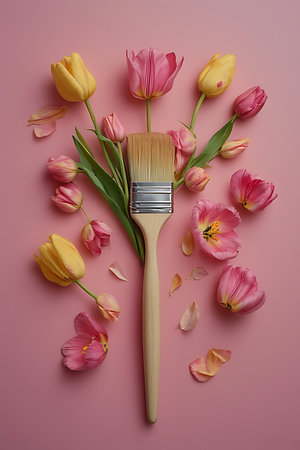 Creative layout made of tulips and paintbrush on pink backgroundの素材