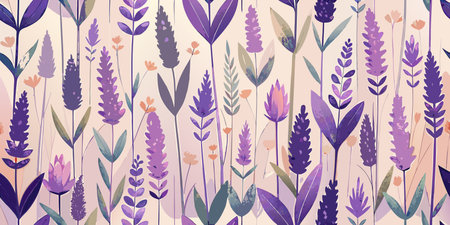 Seamless pattern with lavender flowers and leaves. Vector illustration.の素材