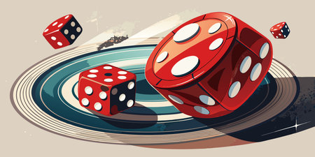 Illustration of two red dices and dice on a dark backgroundの素材