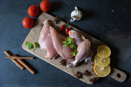 View from top of raw meat on a chopping board on a black background