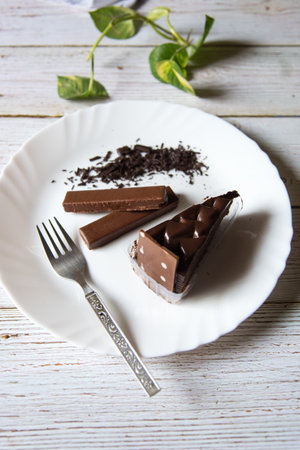 Close up of chocolate cake with chocolate chips on a plate
