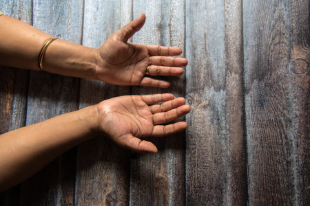 Dry female hands on a background with use of selective focus.の写真素材